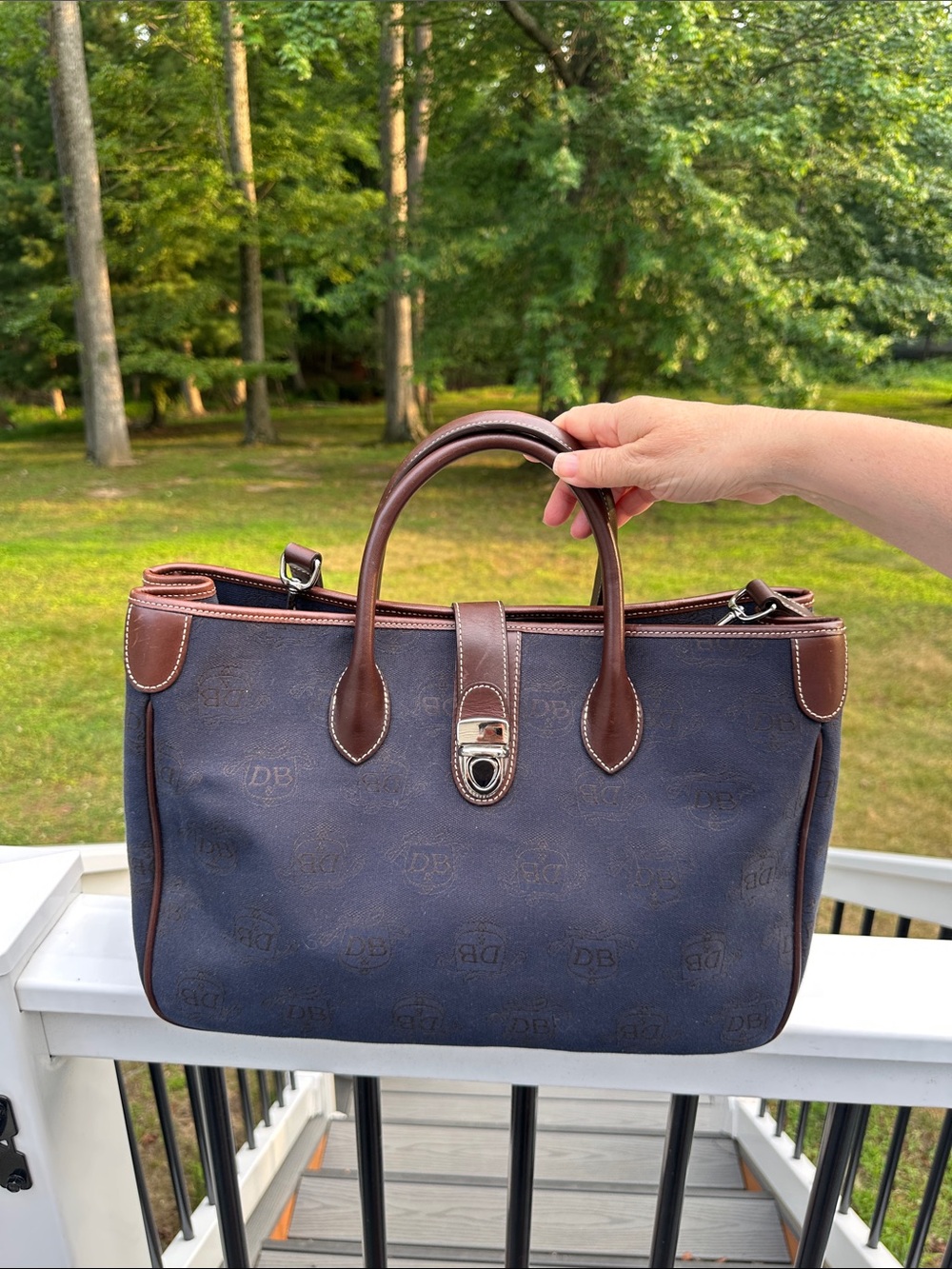 Dooney & Bourke Navy and Brown Monogram Handbag with Matching Pouch - Picture 4 of 16